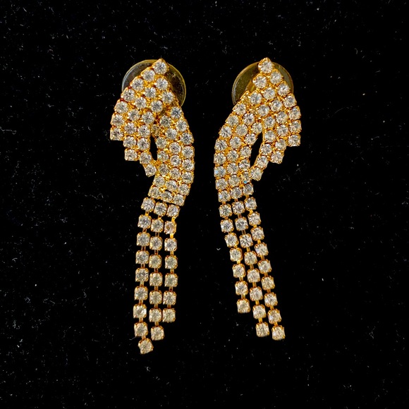 Vintage gold tone rhinestone dangle post back earrings - Picture 2 of 2